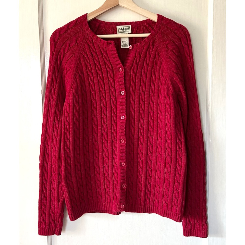 L.L. Bean 100% Cotton Cable Knit Cardigan Crew Sweater Red L Old Money Academia